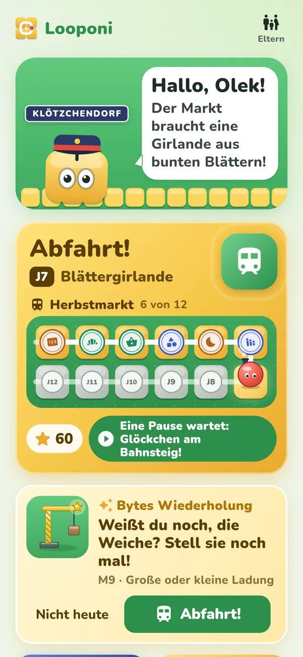 Startbildschirm mit der Karte „Bytes Wiederholung: Weißt du noch, die Weiche? Stell sie noch mal!“