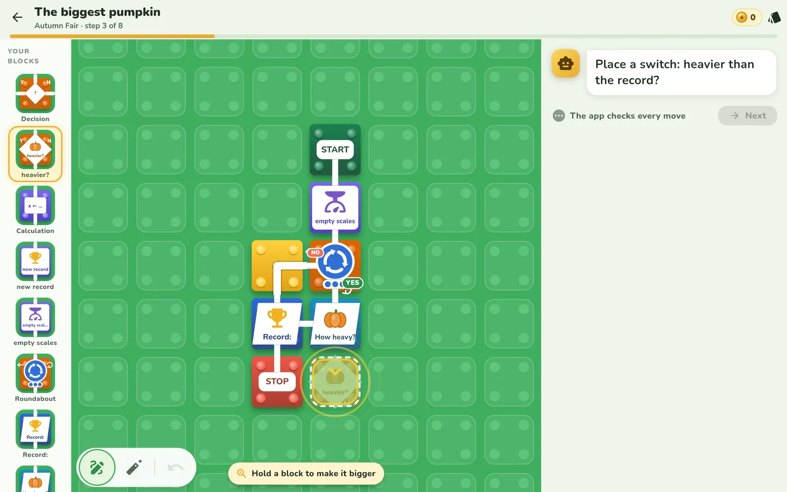 An outline shows where to place the “heavier?” switch