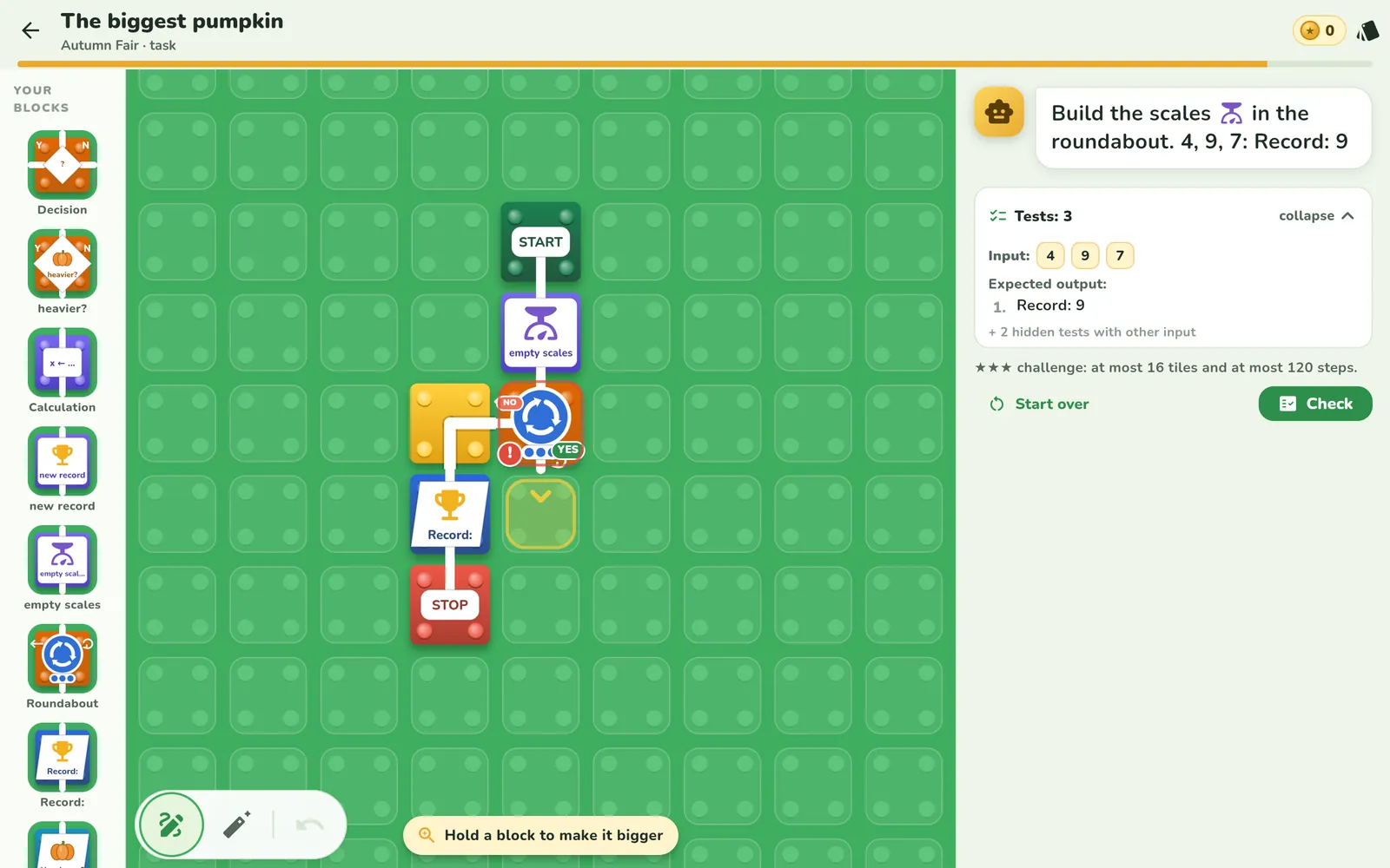 Task: build the scales in a roundabout, 3 tests
