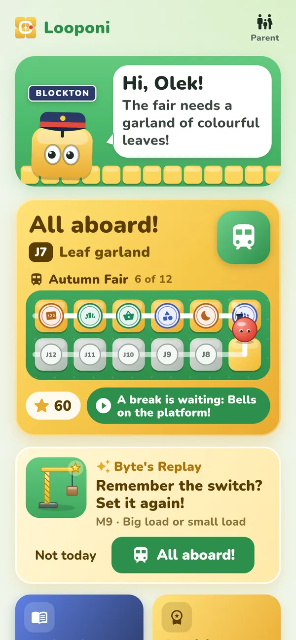 Home screen with the card “Byte's Replay: remember the switch? Set it up again!”