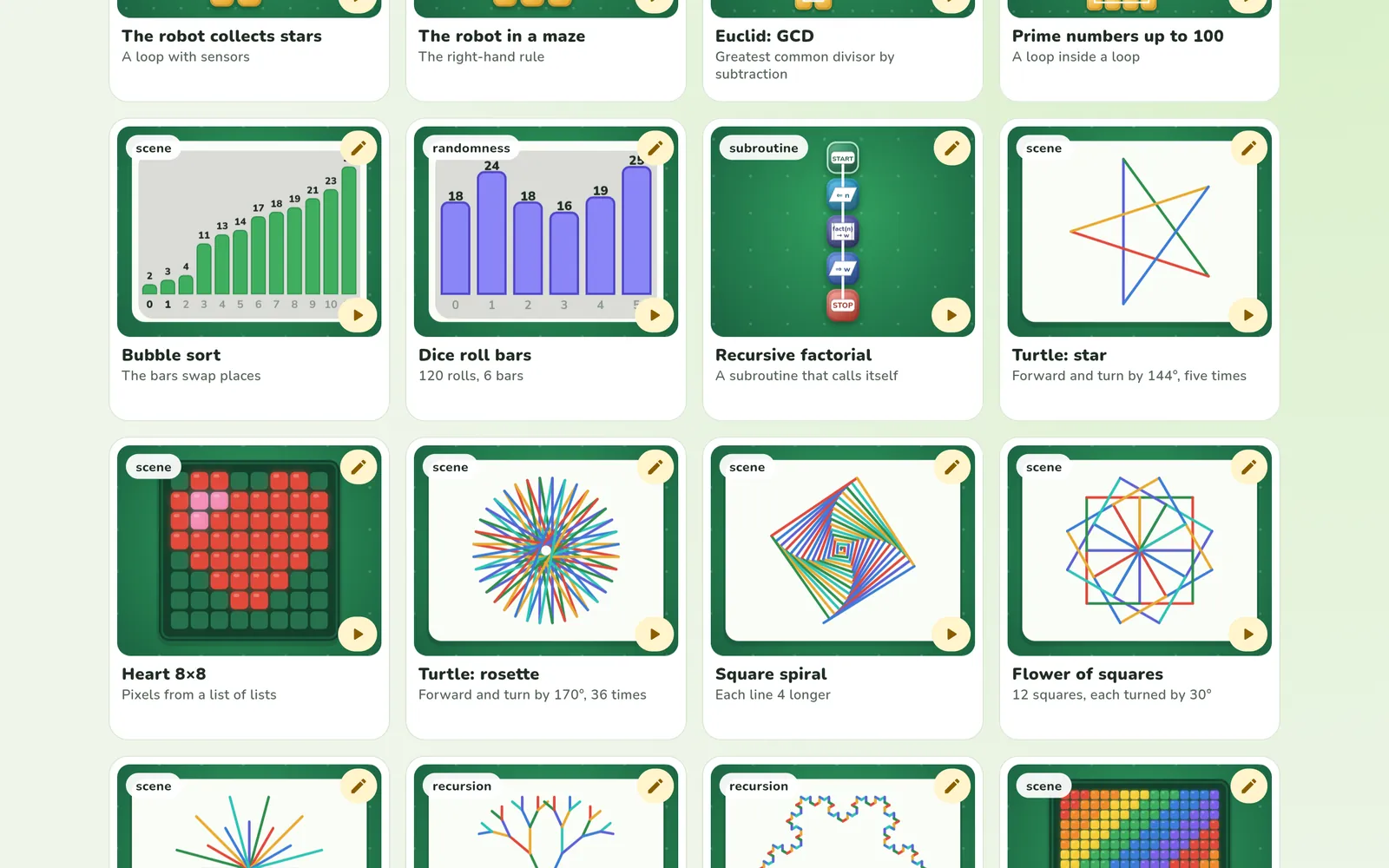 Examples that draw: a rosette, a spiral, a Koch snowflake, rainbow pixels