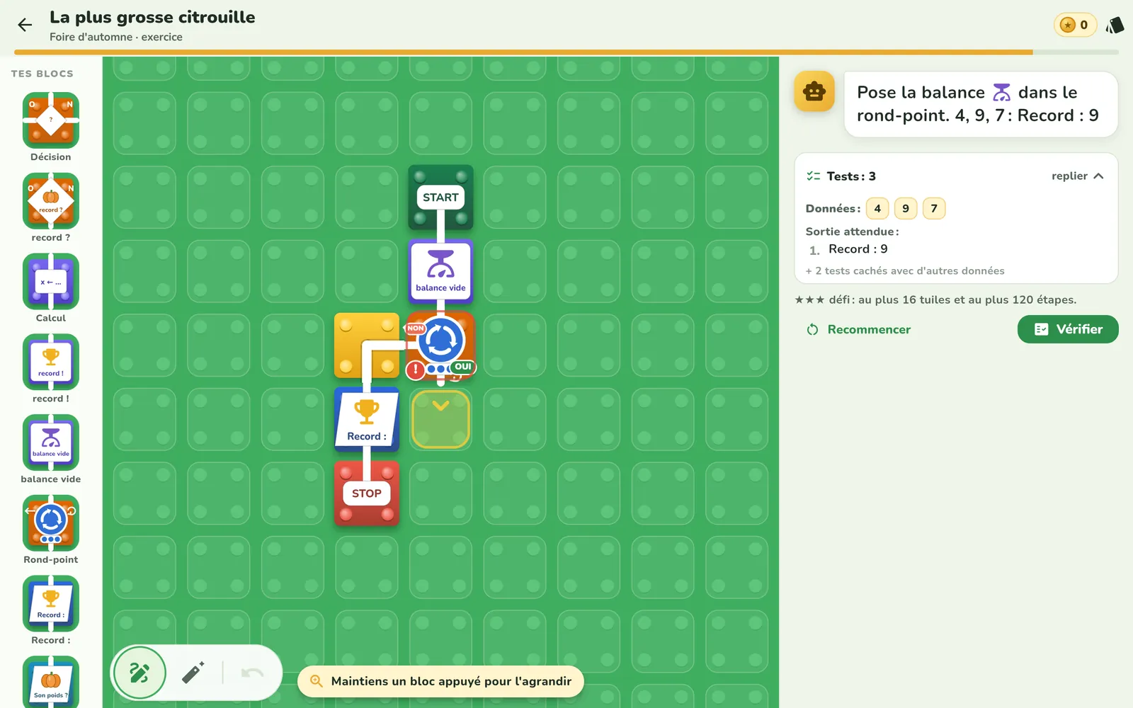 Défi : construis la balance dans le rond-point, 3 tests