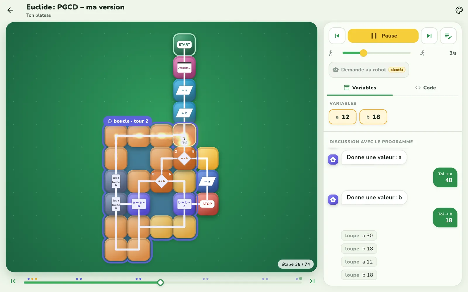 L'algorithme du PGCD sous forme d'algorigramme dans Looponi pendant l'exécution, avec les variables a et b