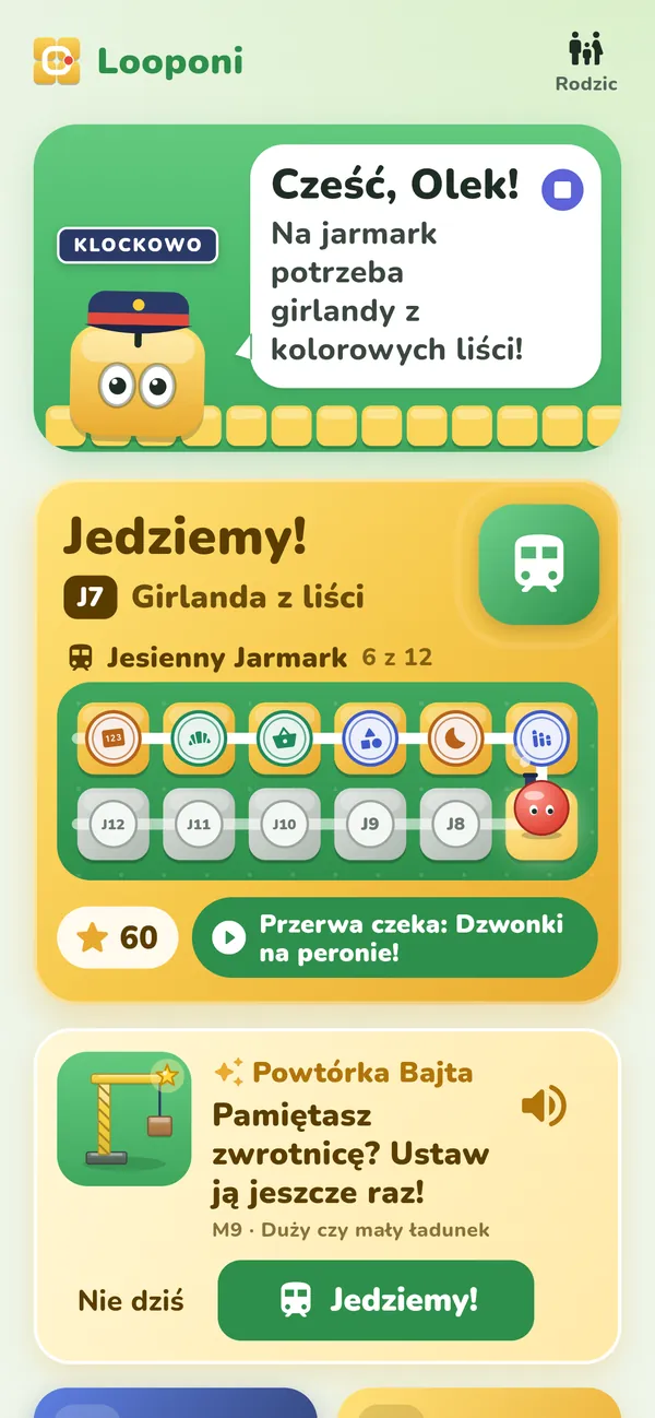 Ekran startowy z kartą „Powtórka Bajta: Pamiętasz zwrotnicę? Ustaw ją jeszcze raz!”